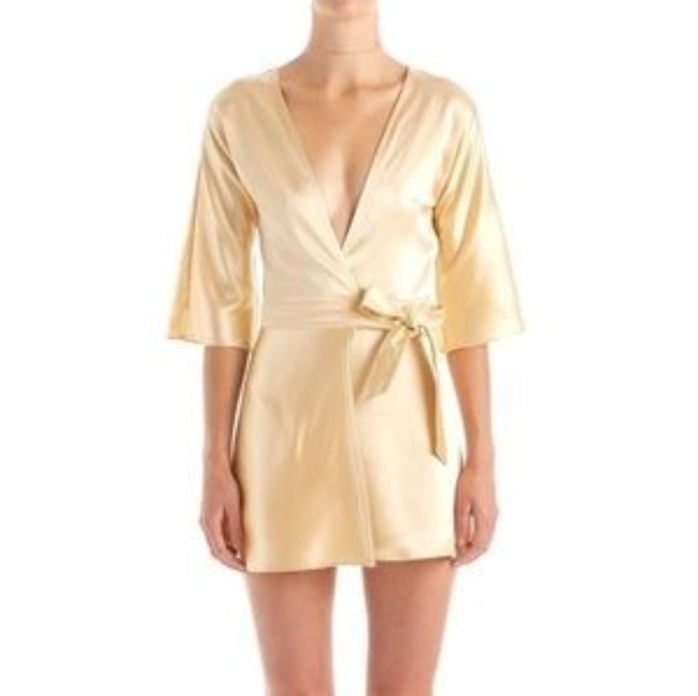 Are You Am I AYAI Gold Silk Kimono Wrap Mini Dress - Picture 2 of 7
